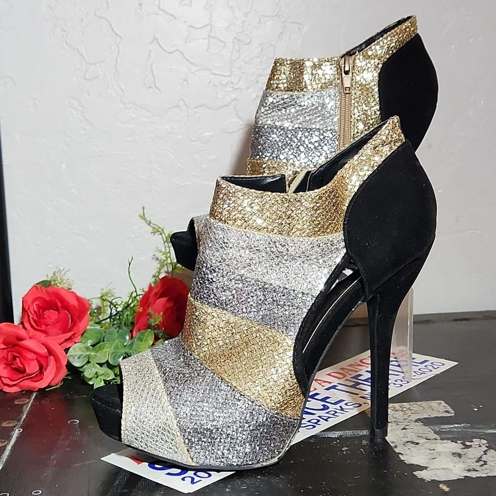 Gold Silver BlackFaux Suede Stiletto Zippered Heel 8